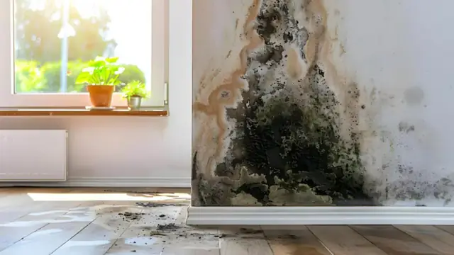 Mold growth in a room corner beside a window