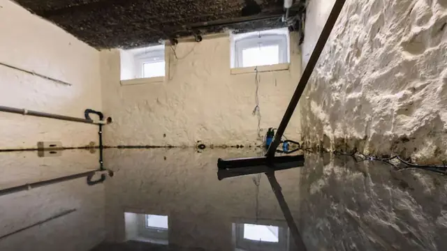 Squeegee pushing water across a flooded basement floor