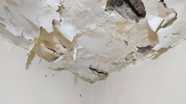 Peeling paint and a water stain in a ceiling corner