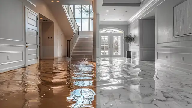 Water spreading across the floor of a hallway and stairs