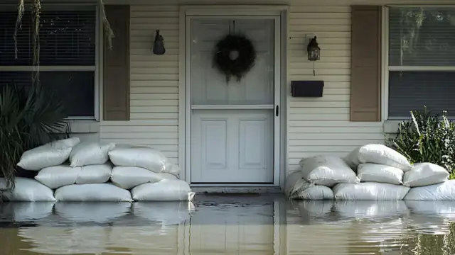 Sandbags stacked at a front door above standing water