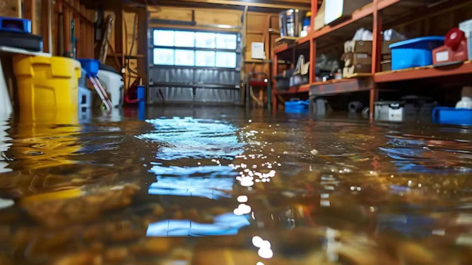 Flooded garage with shelving and storage bins